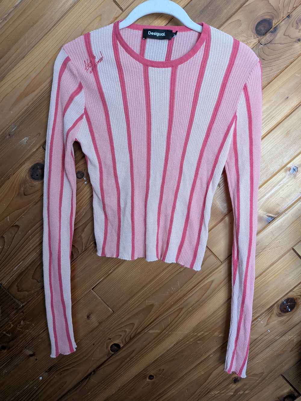 Desigual Pink Vertical Stripe Ribbed Knit Top Embroidered "Life is Awesome" S